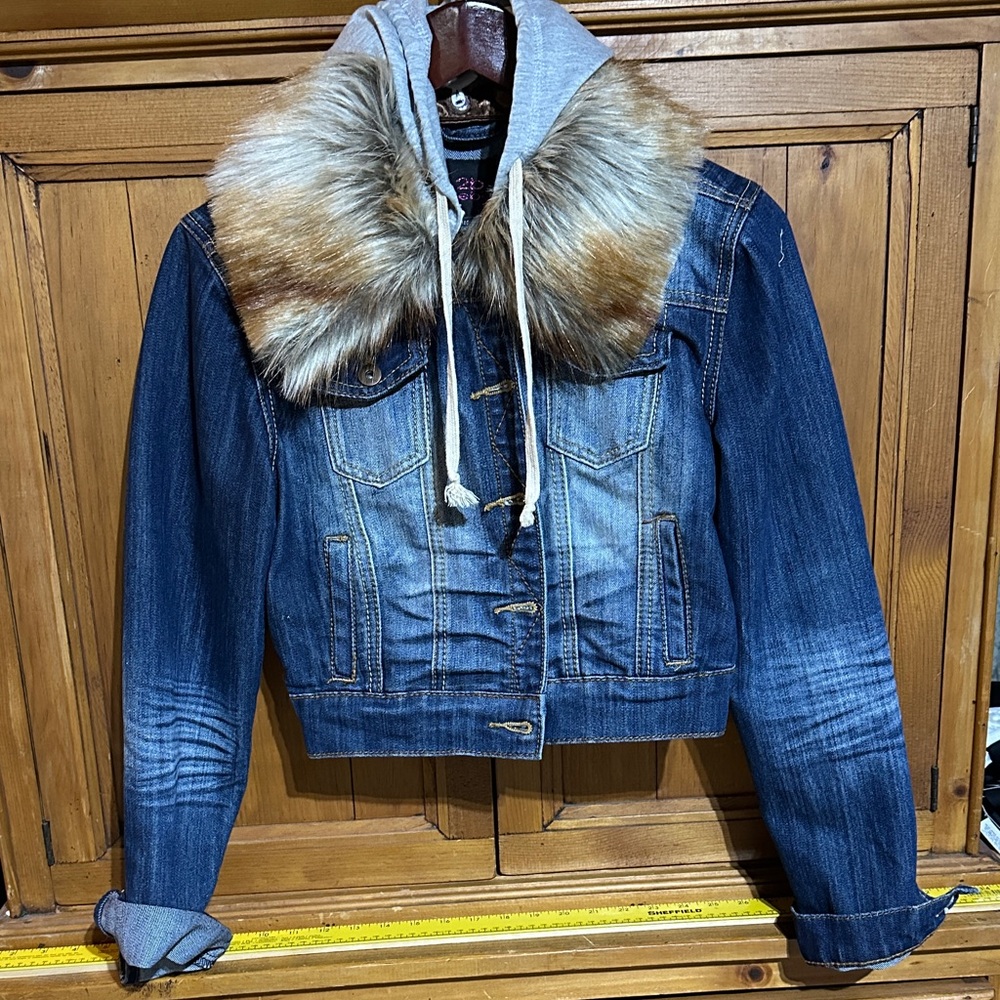 2B Bebe Blue Denim Jacket with removable Faux Fur and removable Hood
